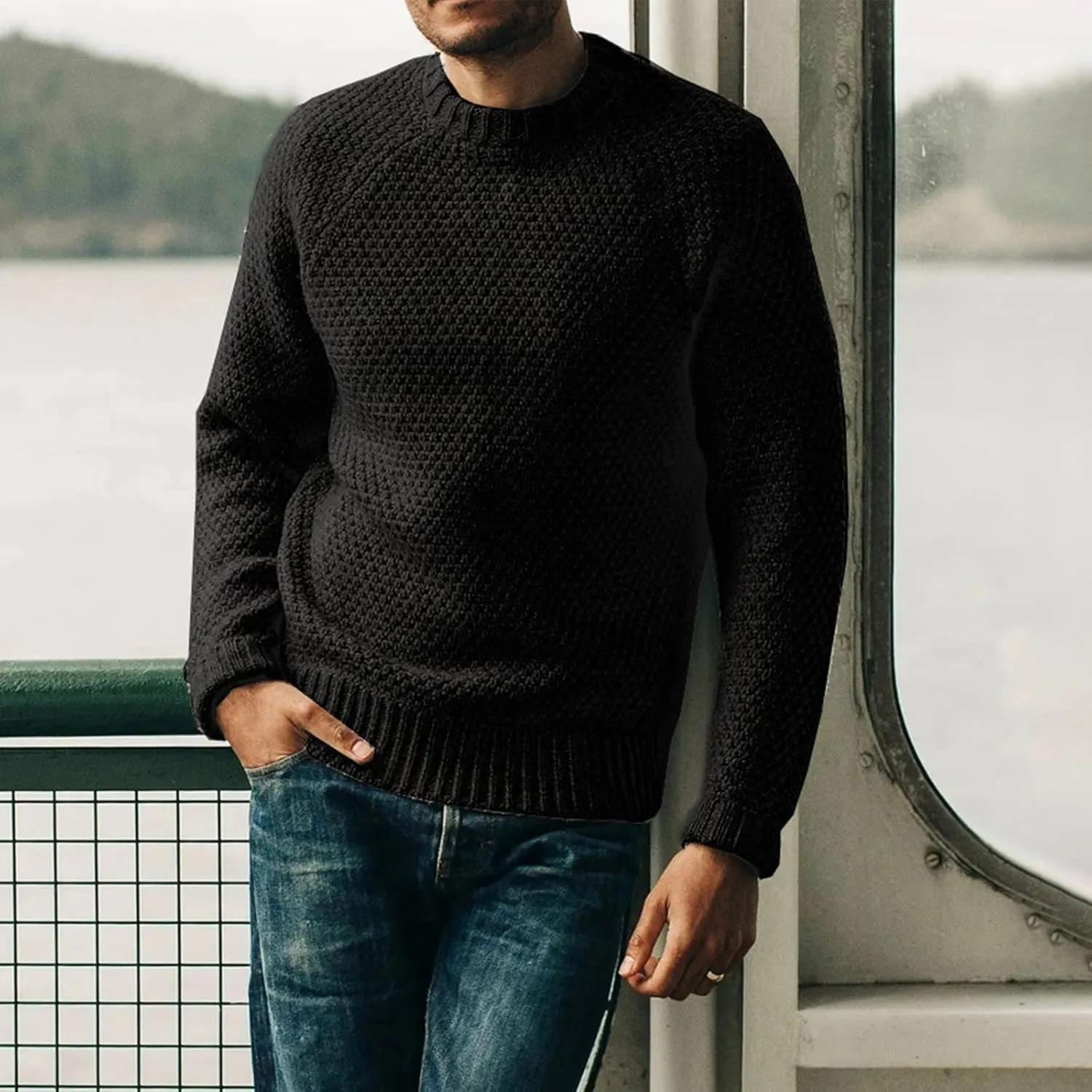 Men's Cute Sweaters Solid Color Casual Round Neck Pullover Sweater Long Sleeve Knitwear Turtle Necks, XL-3XL