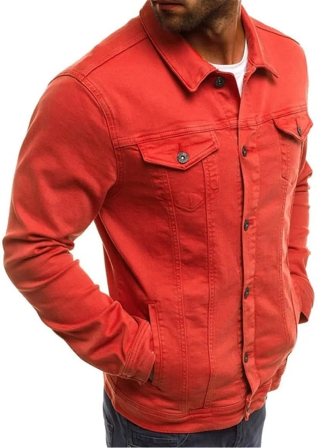 Mens Denim Jacket Cozy Classic Overshirt Long Sleeve Slim Fit Button Up Denim Top Shirt Jacket Trucker Jacket with Pockets