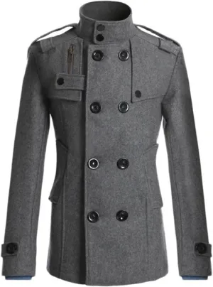Mens Double Breasted Woolen Trench Coat Stand Collar Warm Slim Fit for Office and Casual Wear, Classic Trench Coat