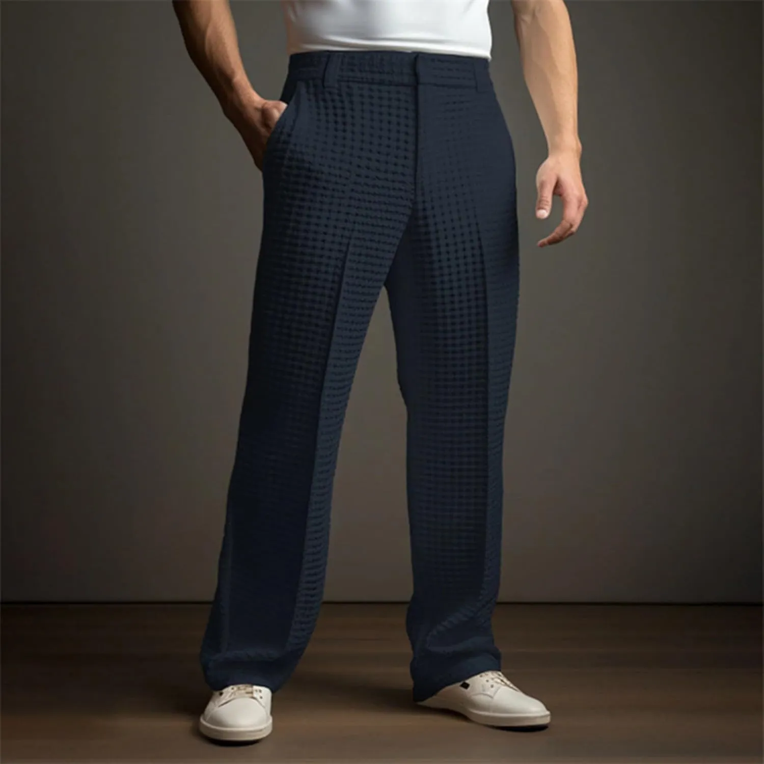 Mens Dress Pants Relaxed Fit Waffle Suit Trousers Casual Lightweight Wide Leg Pleat Front Business Work Clothes