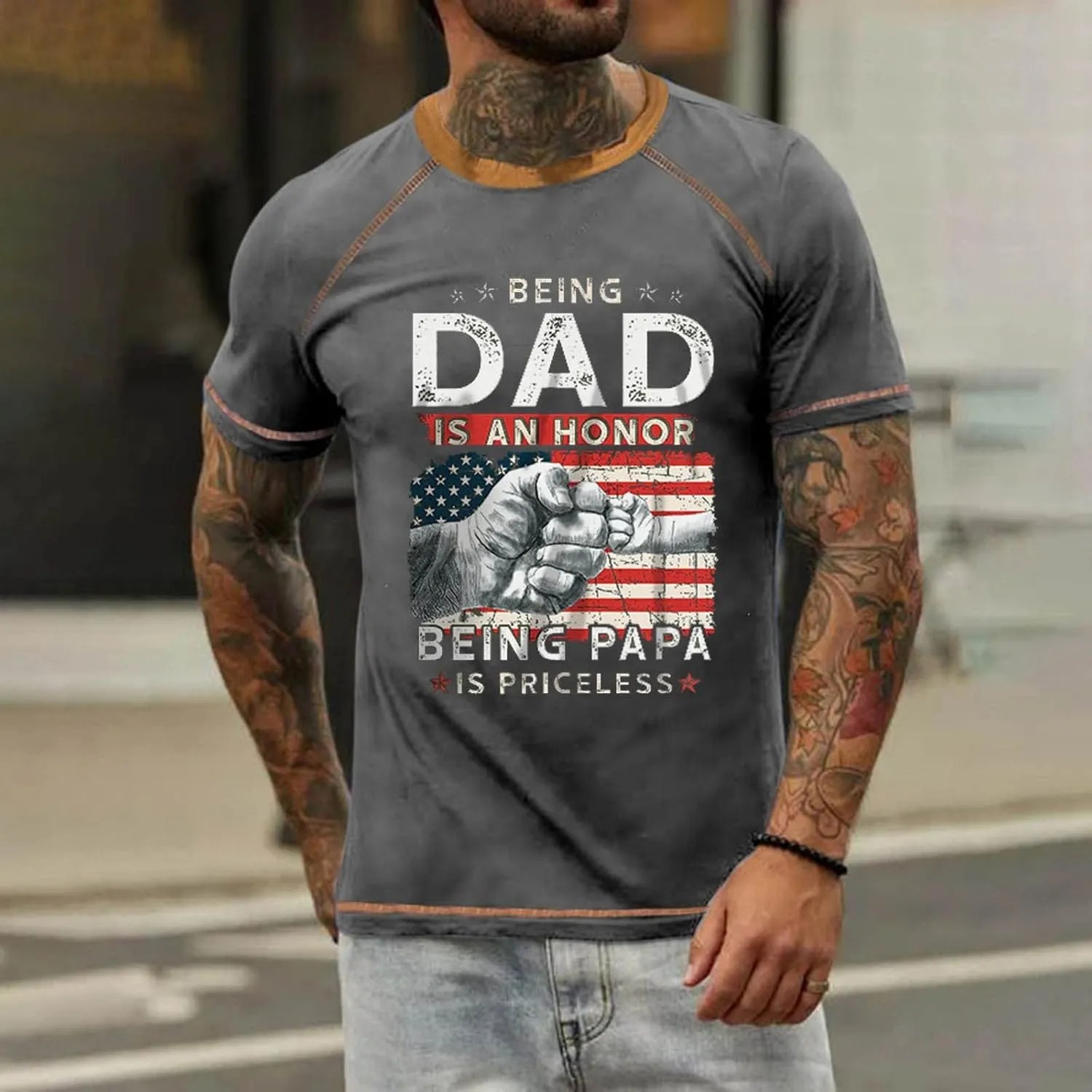 Mens Father's Day Shirt Stars and Stripes Gift Shirt for Dad Short Sleeve Casual Pullover Casual Roud Neck Tees