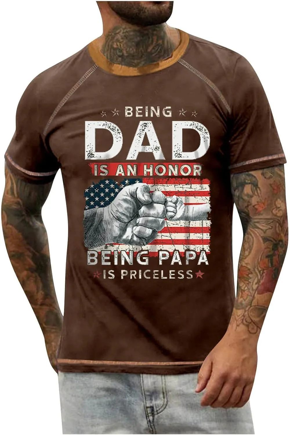 Mens Father's Day Shirt Stars and Stripes Gift Shirt for Dad Short Sleeve Casual Pullover Casual Roud Neck Tees