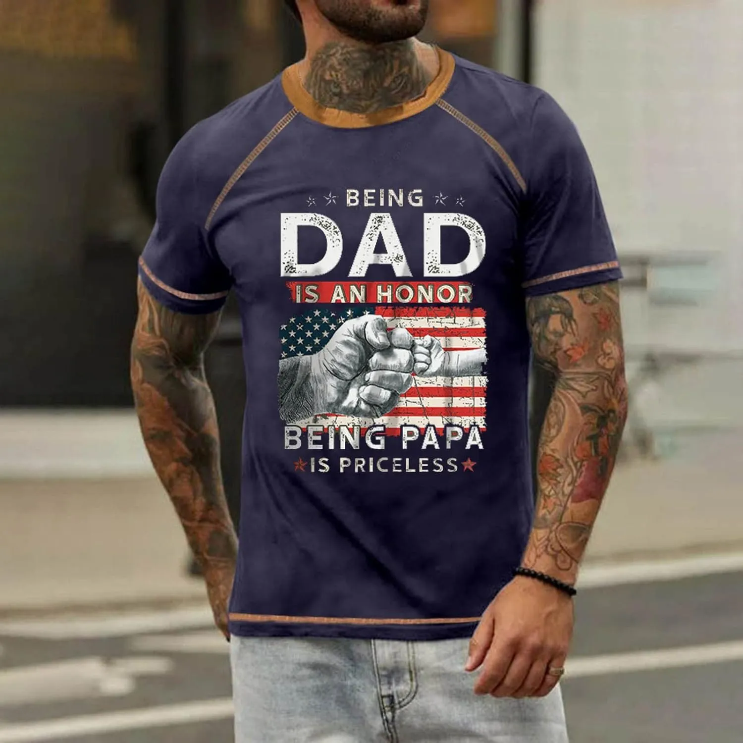 Mens Father's Day Shirt Stars and Stripes Gift Shirt for Dad Short Sleeve Casual Pullover Casual Roud Neck Tees