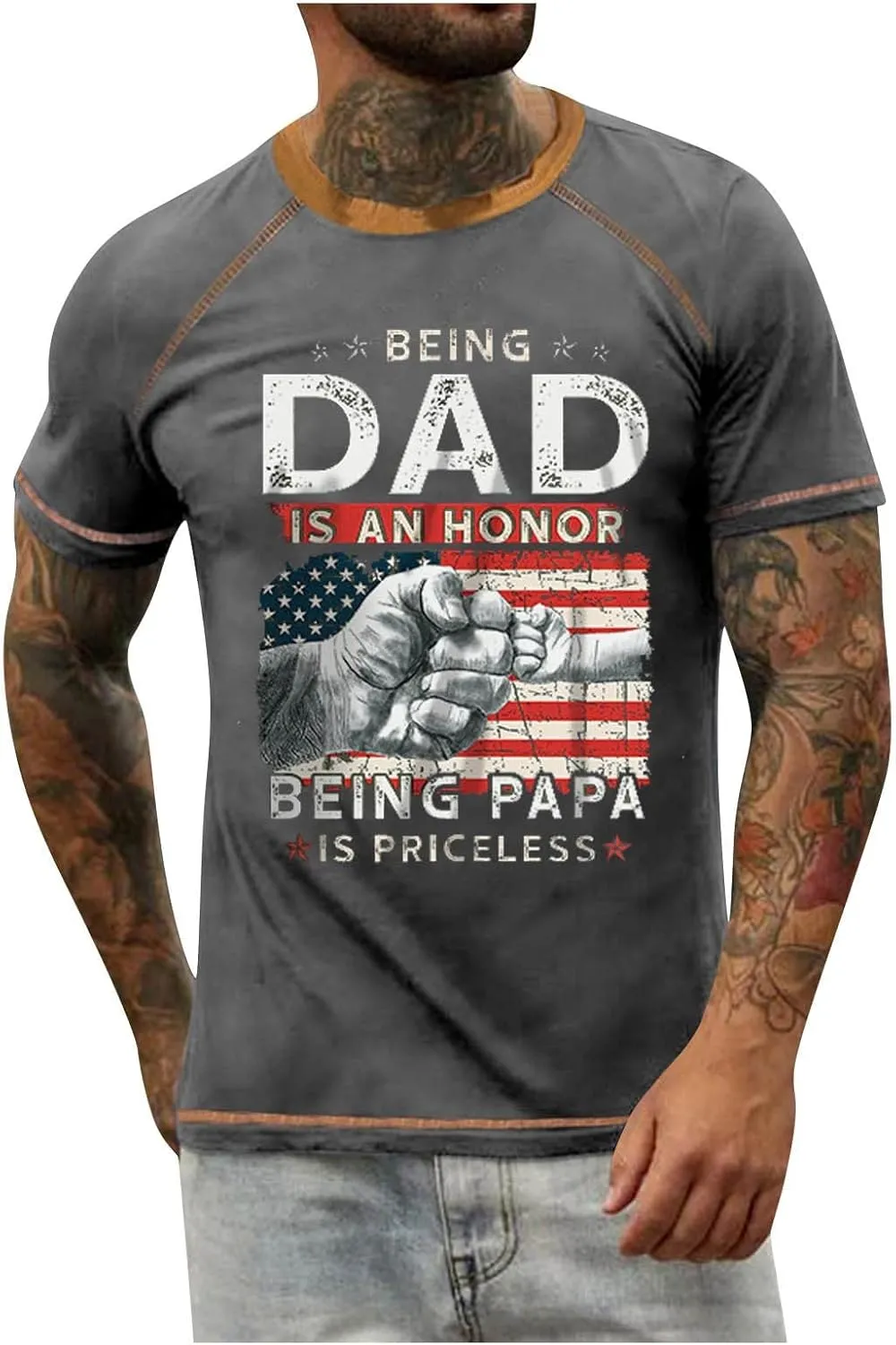 Mens Father's Day Shirt Stars and Stripes Gift Shirt for Dad Short Sleeve Casual Pullover Casual Roud Neck Tees