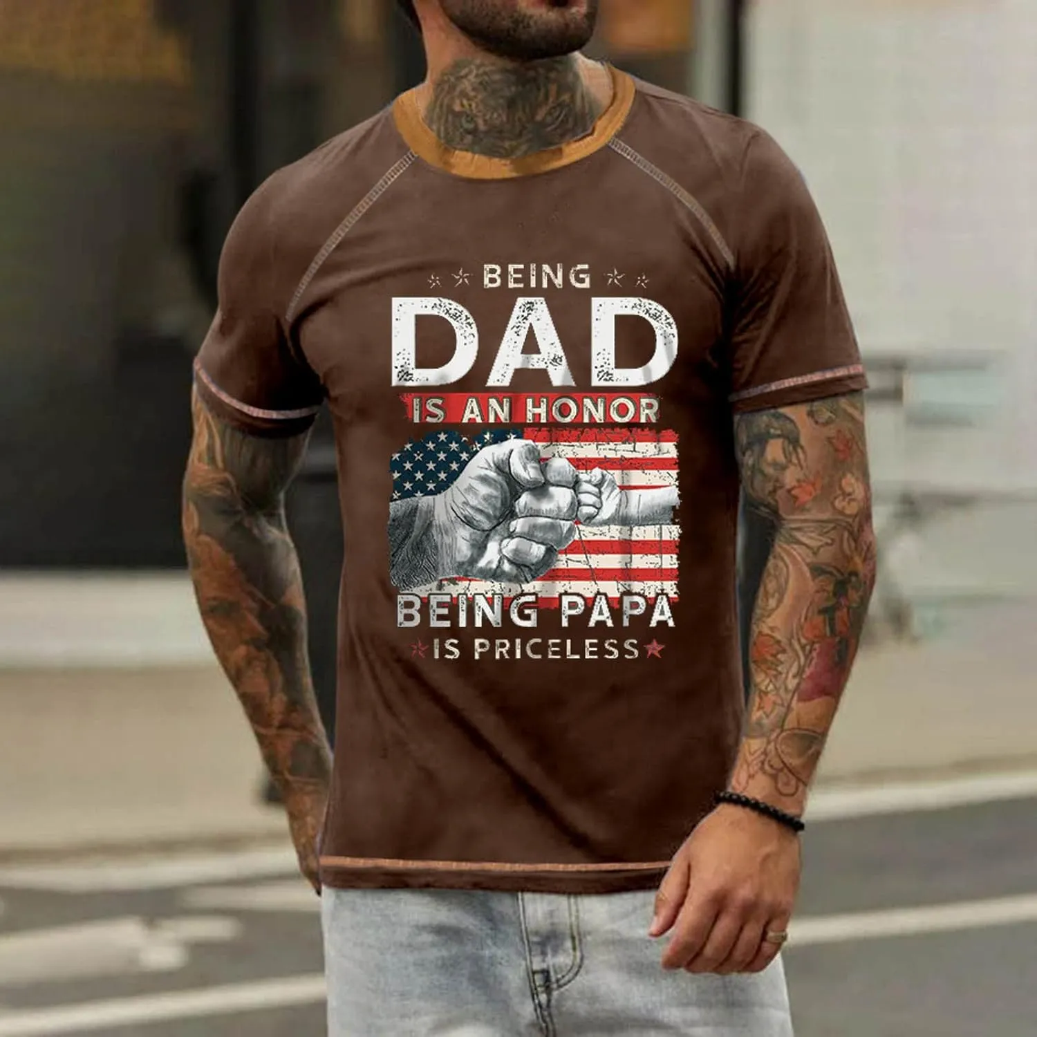 Mens Father's Day Shirt Stars and Stripes Gift Shirt for Dad Short Sleeve Casual Pullover Casual Roud Neck Tees