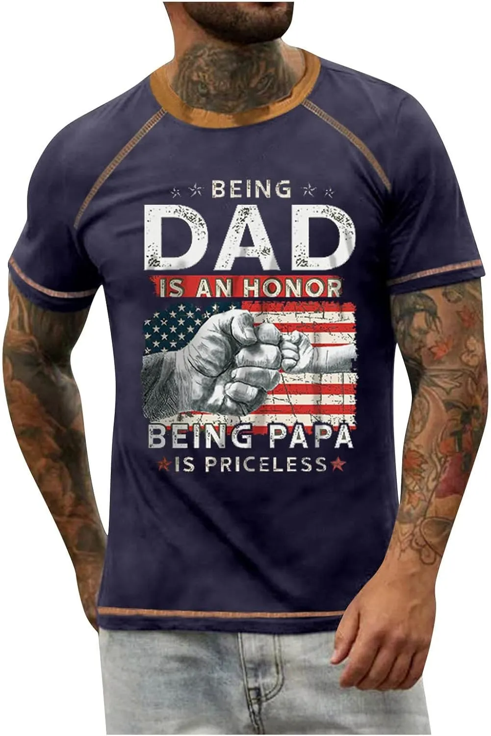 Mens Father's Day Shirt Stars and Stripes Gift Shirt for Dad Short Sleeve Casual Pullover Casual Roud Neck Tees