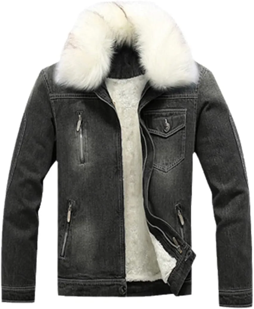 Men's Fur Collar Denim Coat Winter Cotton-Padded Casual Jacket Denim Thick Clothing