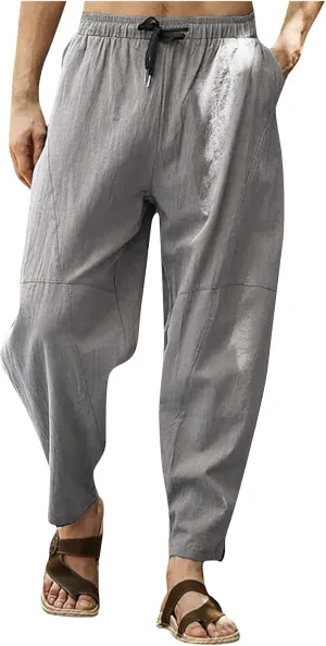 Mens Hiking Pants Lightweight Linen Pants Elastic Waist Drawstring Pants Summer Beach Pant Casual Baggy Pants