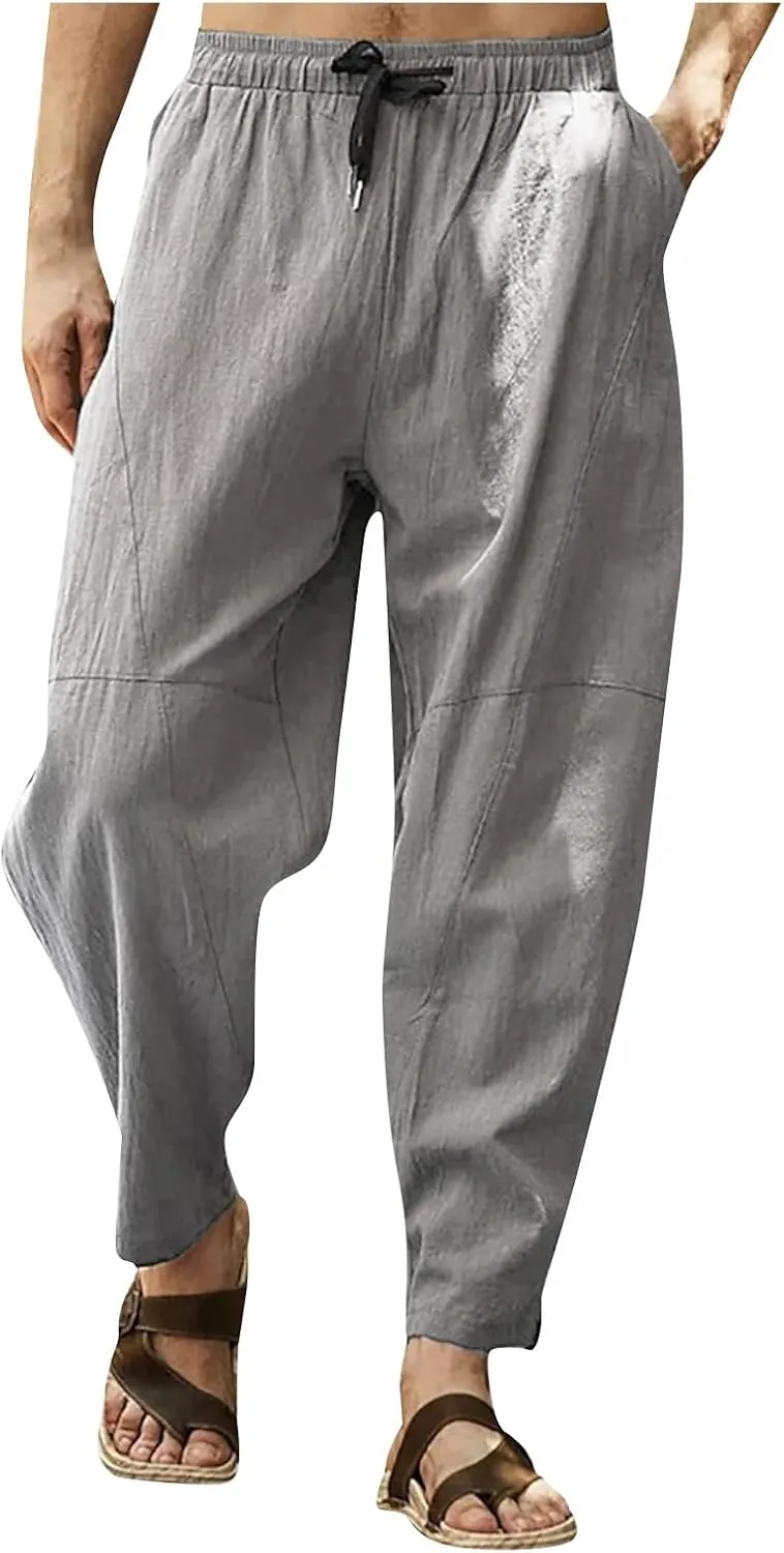 Mens Hiking Pants Lightweight Linen Pants Elastic Waist Drawstring Pants Summer Beach Pant Casual Baggy Pants