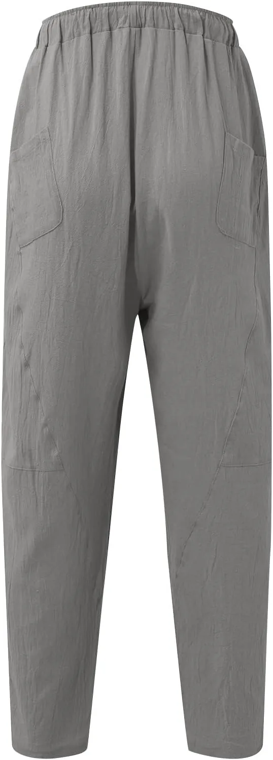 Mens Hiking Pants Lightweight Linen Pants Elastic Waist Drawstring Pants Summer Beach Pant Casual Baggy Pants