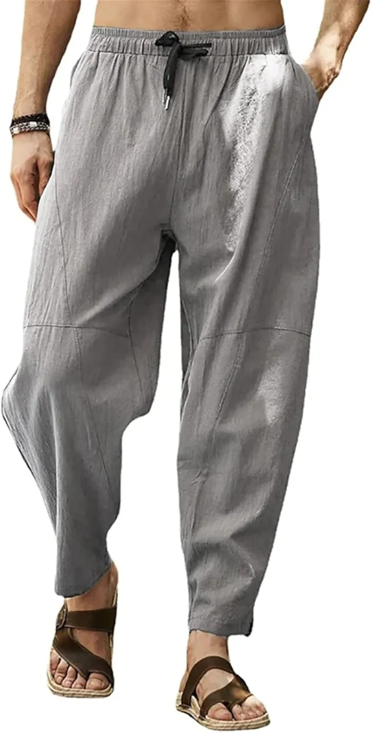 Mens Hiking Pants Lightweight Linen Pants Elastic Waist Drawstring Pants Summer Beach Pant Casual Baggy Pants