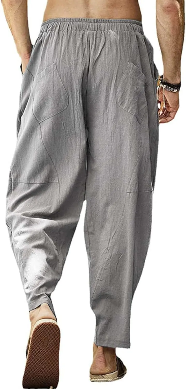 Mens Hiking Pants Lightweight Linen Pants Elastic Waist Drawstring Pants Summer Beach Pant Casual Baggy Pants