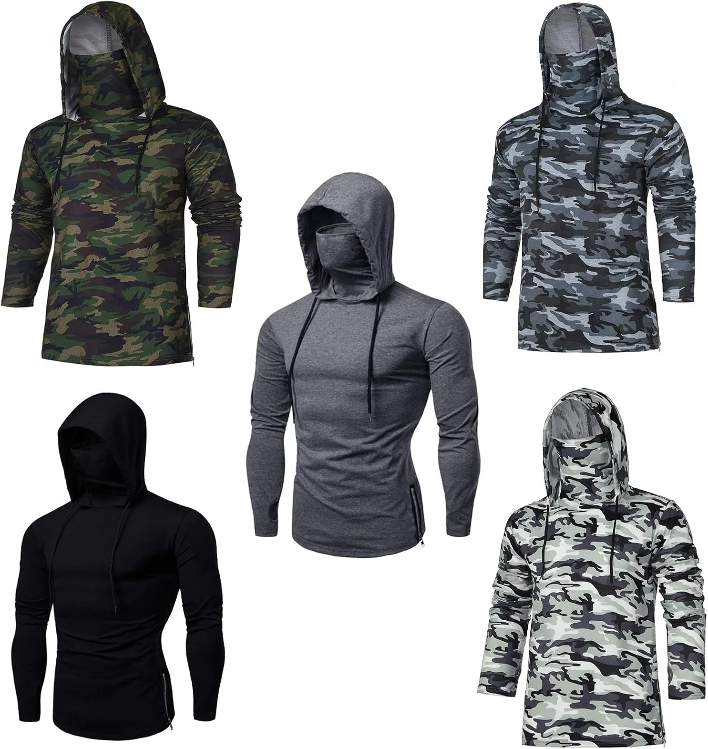 Mens Hoodie with Face Mask Turtleneck Compression Top Dry Baselayer Running Long Sleeve Thermal Sportwear