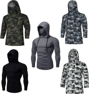 Mens Hoodie with Face Mask Turtleneck Compression Top Dry Baselayer Running Long Sleeve Thermal Sportwear