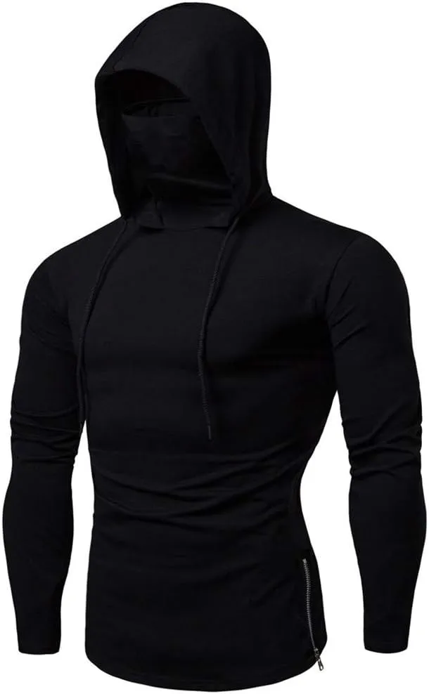 Mens Hoodie with Face Mask Turtleneck Compression Top Dry Baselayer Running Long Sleeve Thermal Sportwear