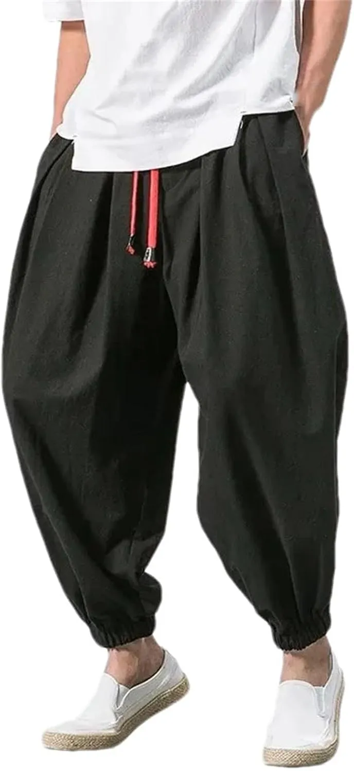 Men's Ice Silk Cotton Linen Pants Loose Fit Trousers Casual Harem Pants