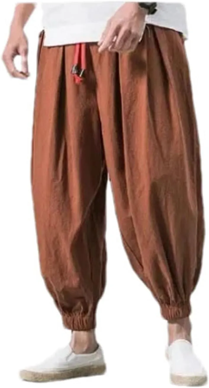 Men's Ice Silk Cotton Linen Pants Loose Fit Trousers Casual Harem Pants