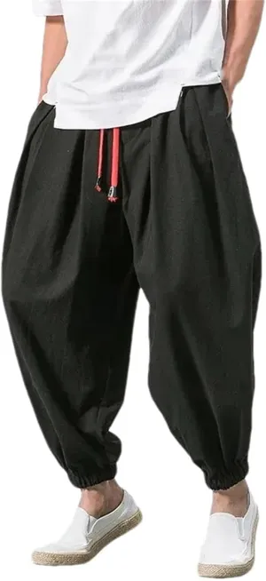 Men's Ice Silk Cotton Linen Pants Loose Fit Trousers Casual Harem Pants