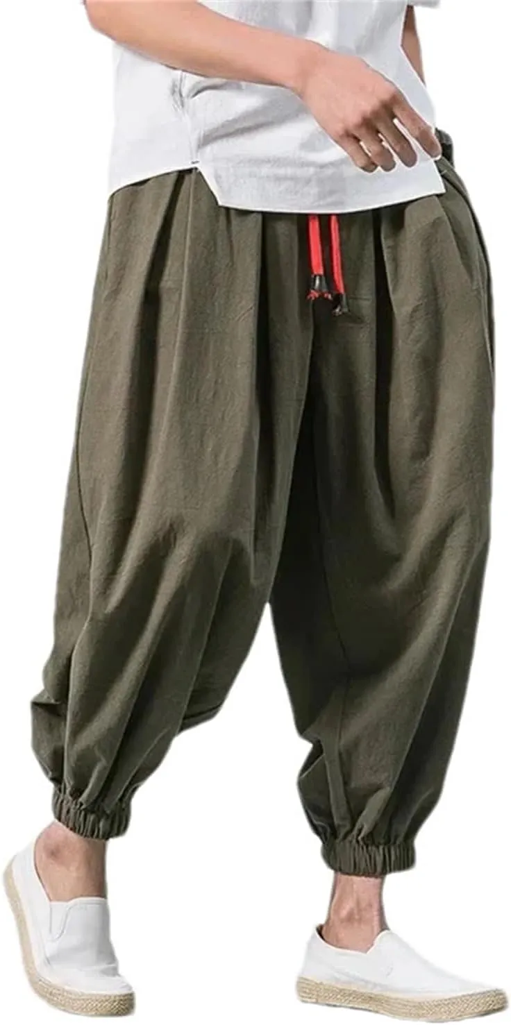 Men's Ice Silk Cotton Linen Pants Loose Fit Trousers Casual Harem Pants