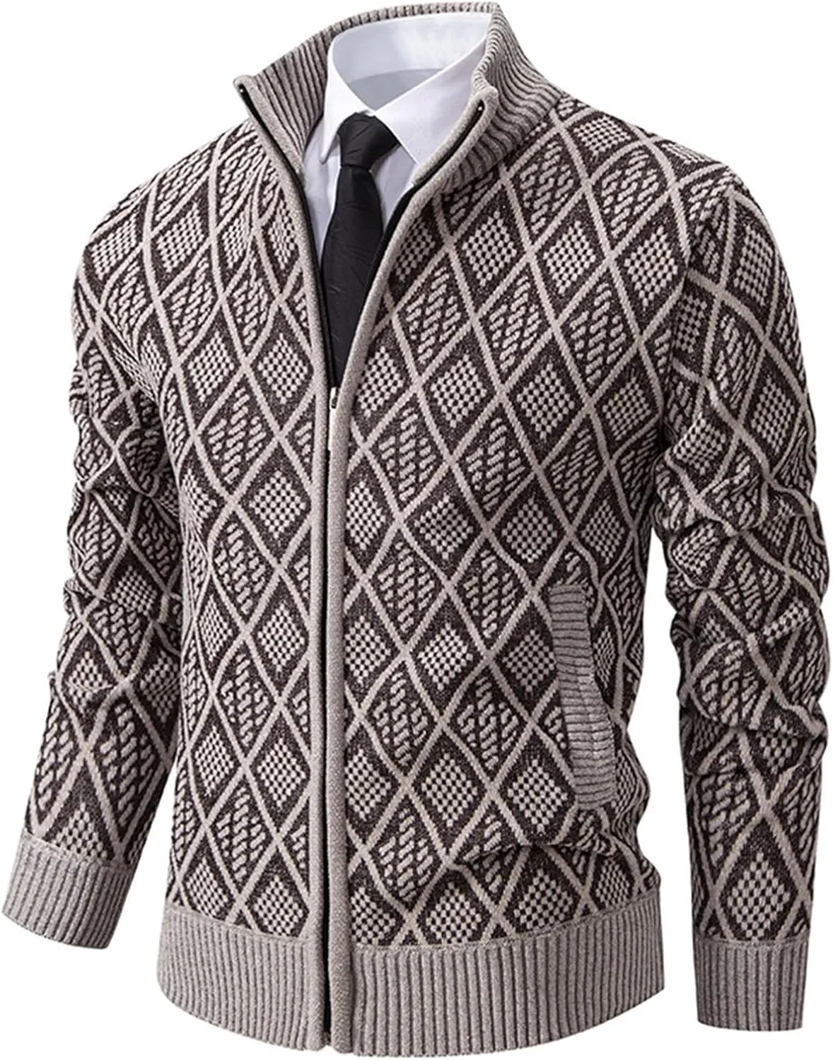 Men's Knitwear Sweater Fashion Zipper Stand Collar Ribbed Knit Jacket Thickened Padded Casual Cardigan Coat Tops