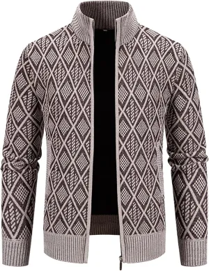 Men's Knitwear Sweater Fashion Zipper Stand Collar Ribbed Knit Jacket Thickened Padded Casual Cardigan Coat Tops