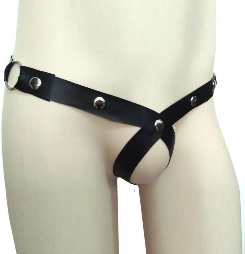 Men's Leather Thong Underwear Low Rise Open Hole Jock Strap Underpants Hollow Out Comfy Clubwear Erotic Lingerie