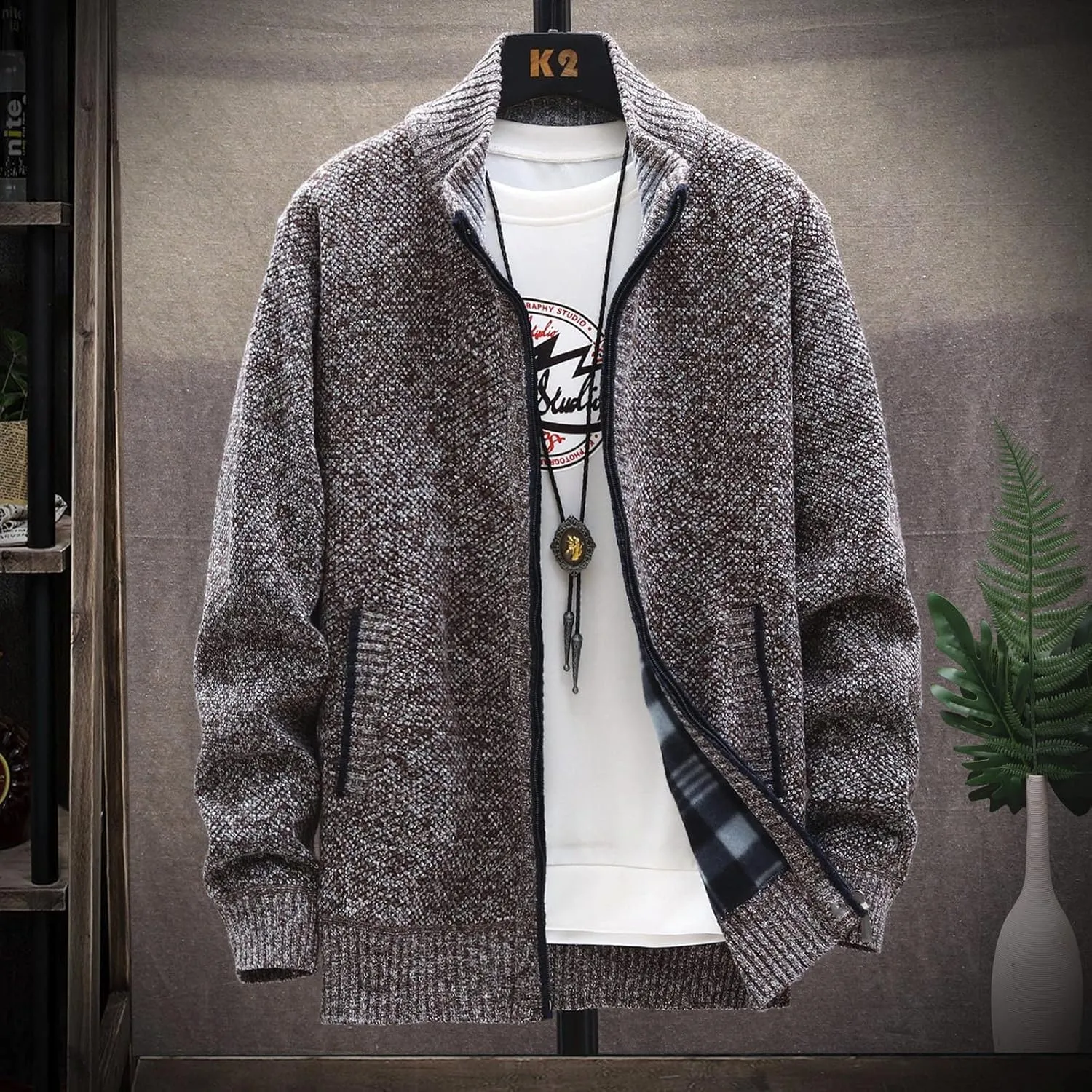 Mens Lightweight Sweaters Zip Up Stand Collar Cardigan Sweater Knitwear with Pockets Sweater Cardigan, XL-4XL