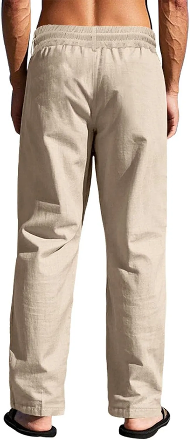 Mens Linen Pants Elastic Drawstring Waist Straight Legs Trouser with Pockets Casual Summer Loose Fit Yoga Beach Pant