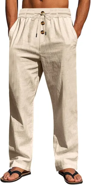 Mens Linen Pants Elastic Drawstring Waist Straight Legs Trouser with Pockets Casual Summer Loose Fit Yoga Beach Pant