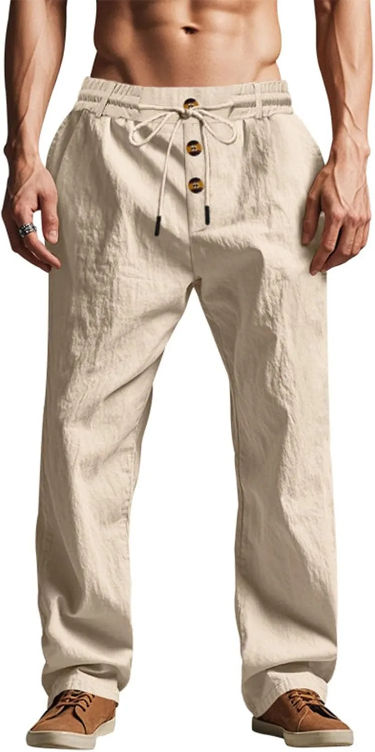 Mens Linen Pants Elastic Drawstring Waist Straight Legs Trouser with Pockets Casual Summer Loose Fit Yoga Beach Pant