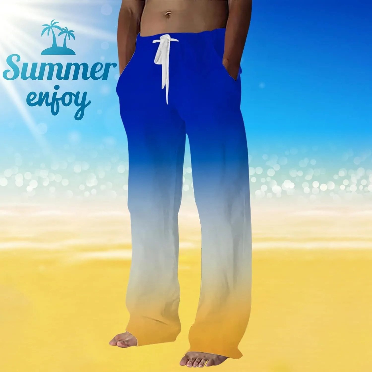 Mens Linen Pants Summer Casual Beach Yoga Pants Elastic Wasist Drawstring Lightweight Loose Trousers with Pockets