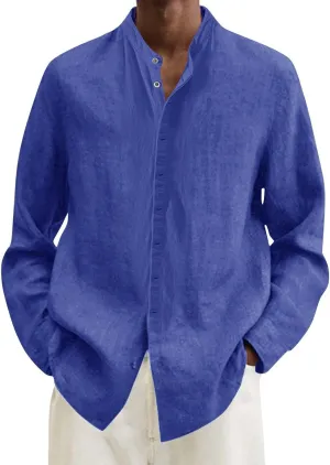 Mens Linen Shirt Long Sleeve Mandarin Collar Button Down Shirt Lightweight Breathable Beach Tops