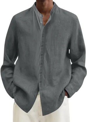 Mens Linen Shirt Long Sleeve Mandarin Collar Button Down Shirt Lightweight Breathable Beach Tops