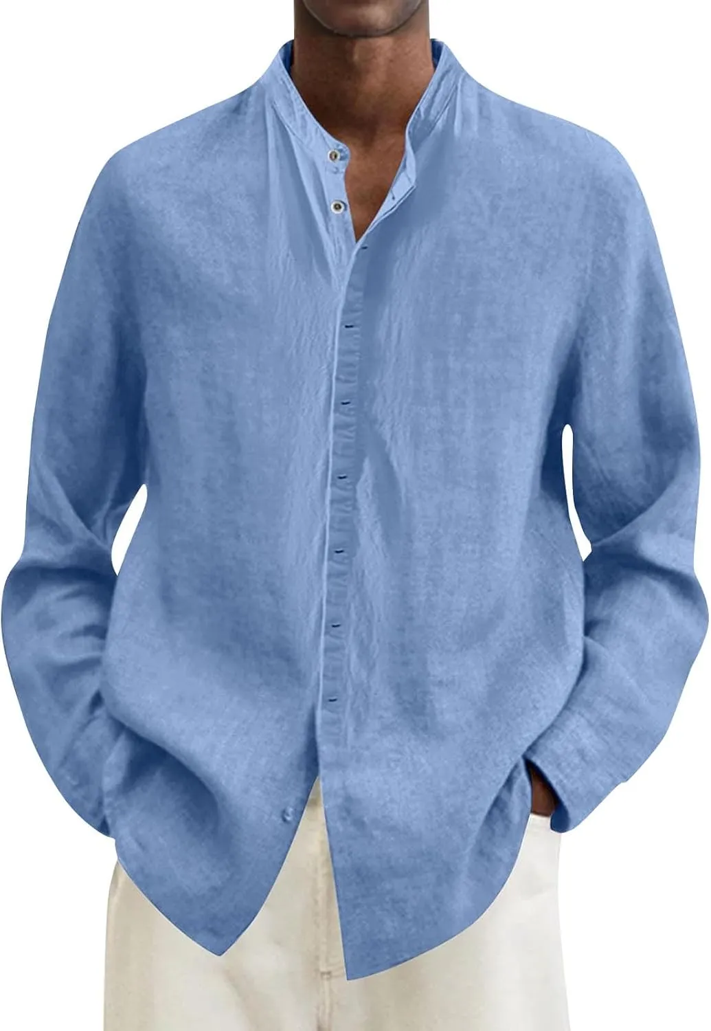 Mens Linen Shirt Long Sleeve Mandarin Collar Button Down Shirt Lightweight Breathable Beach Tops