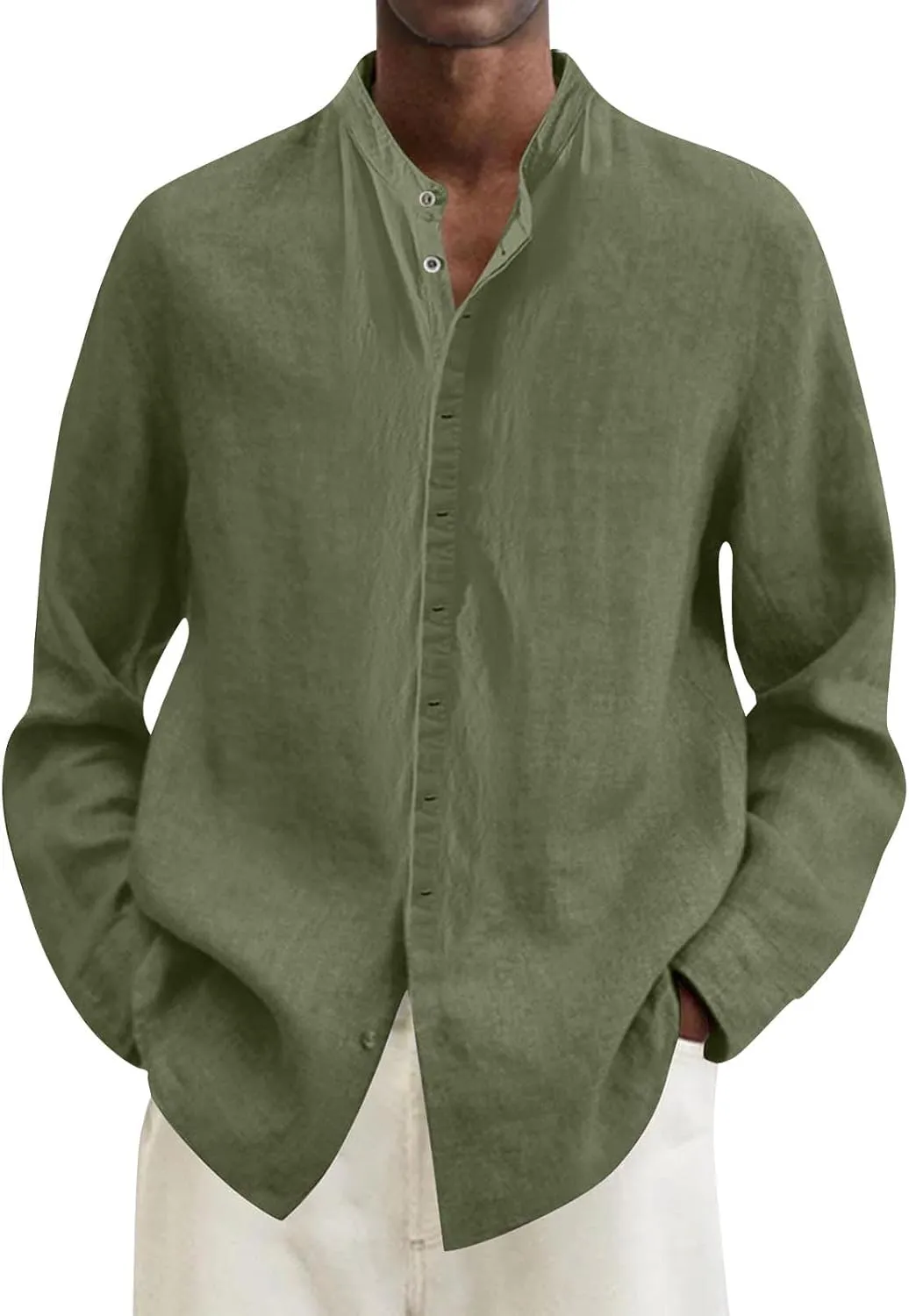 Mens Linen Shirt Long Sleeve Mandarin Collar Button Down Shirt Lightweight Breathable Beach Tops