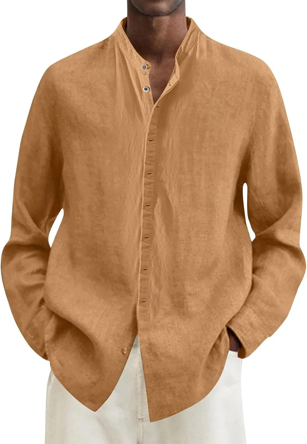 Mens Linen Shirt Long Sleeve Mandarin Collar Button Down Shirt Lightweight Breathable Beach Tops