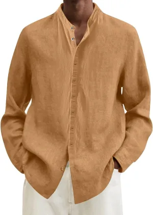 Mens Linen Shirt Long Sleeve Mandarin Collar Button Down Shirt Lightweight Breathable Beach Tops