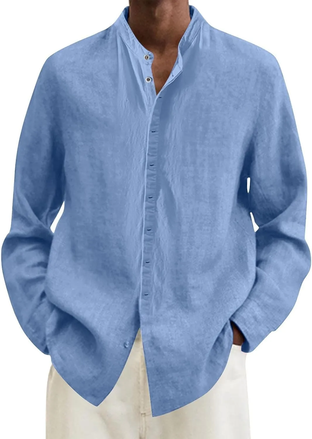 Mens Linen Shirt Long Sleeve Mandarin Collar Button Down Shirt Lightweight Breathable Beach Tops