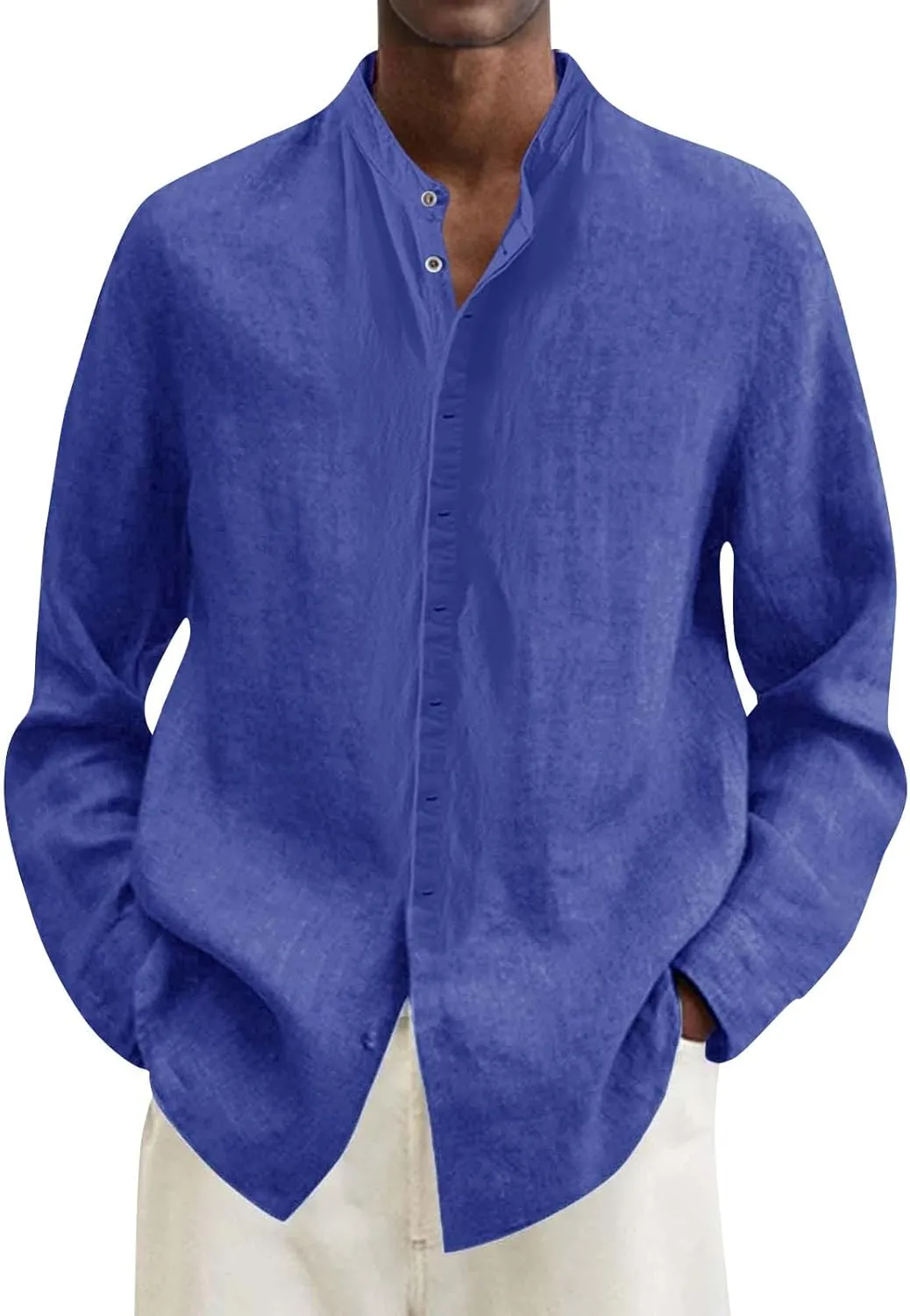 Mens Linen Shirt Long Sleeve Mandarin Collar Button Down Shirt Lightweight Breathable Beach Tops