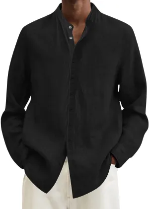 Mens Linen Shirt Long Sleeve Mandarin Collar Button Down Shirt Lightweight Breathable Beach Tops