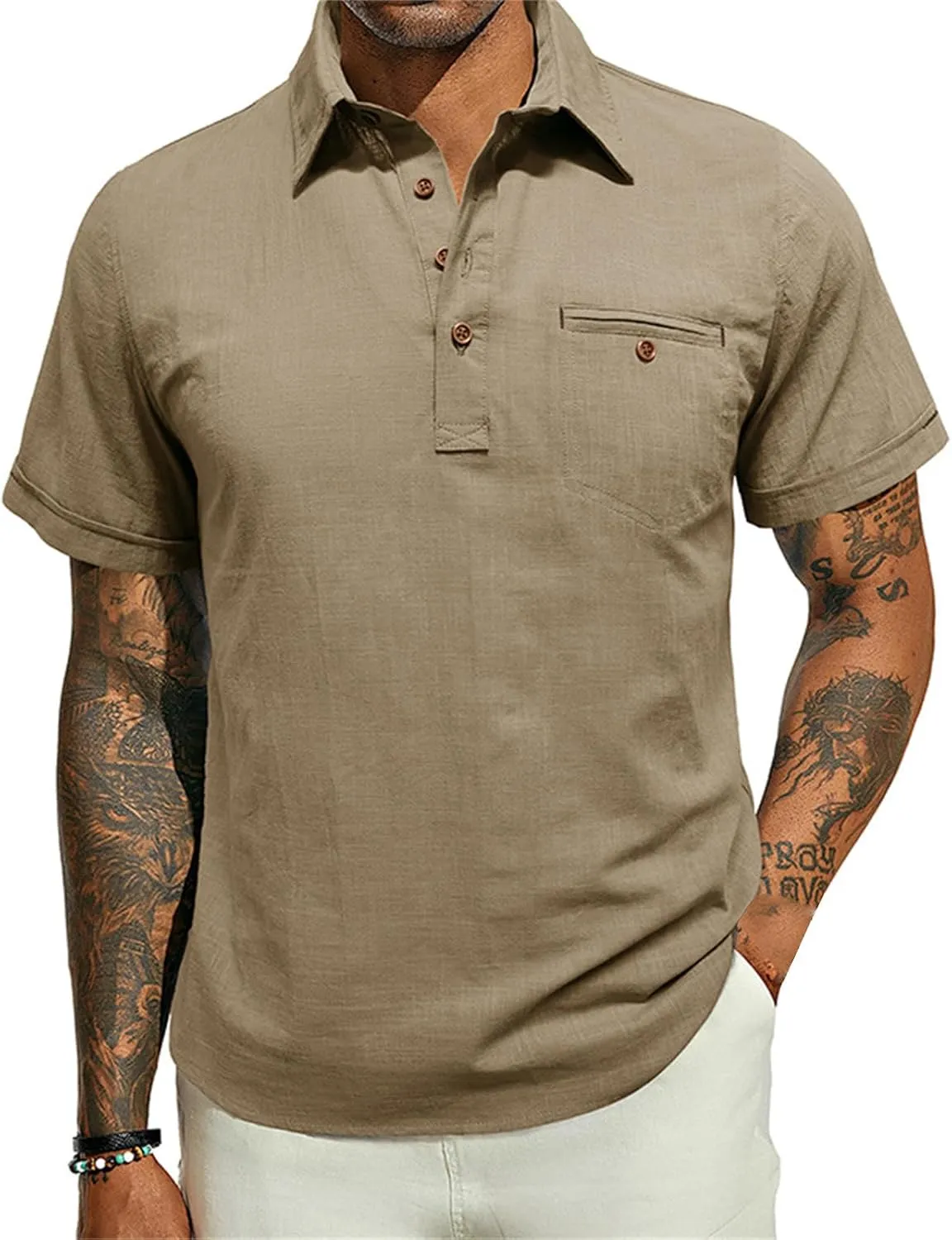 Men's Linen Shirts Short Sleeve Button Down Polo Shirt Golf Shirts Casual Summer Beach Vacation Shirt with Pockets