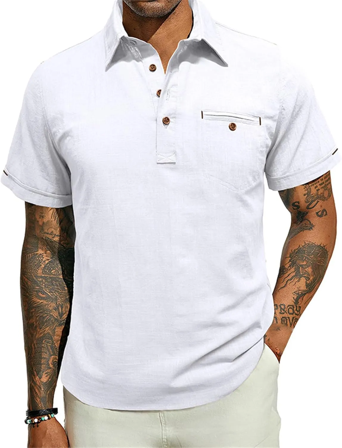 Men's Linen Shirts Short Sleeve Button Down Polo Shirt Golf Shirts Casual Summer Beach Vacation Shirt with Pockets