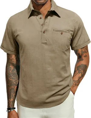 Men's Linen Shirts Short Sleeve Button Down Polo Shirt Golf Shirts Casual Summer Beach Vacation Shirt with Pockets
