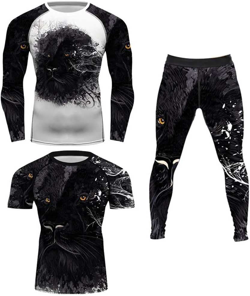 Men's Lion Series MMA BJJ Cross Training Rash Guard Shorts Spat No Gi Set