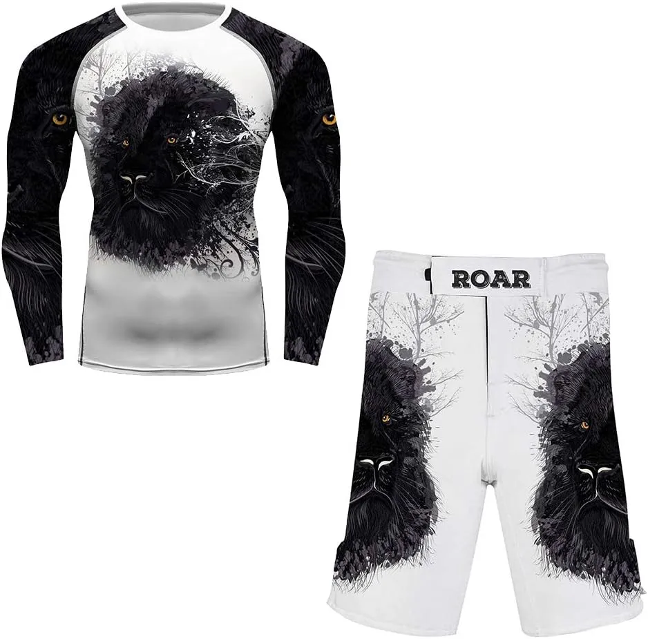 Men's Lion Series MMA BJJ Cross Training Rash Guard Shorts Spat No Gi Set