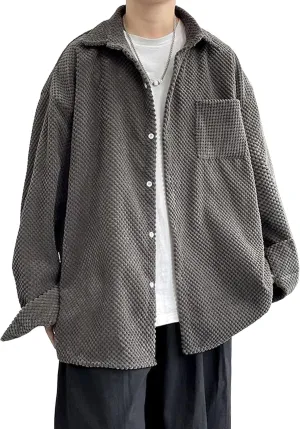 Men's Loose Fit Corduroy Jacket Male Long Sleeve Plush Button Corduroy Shirt Men Solid Color Ribbed Corduroy Coat