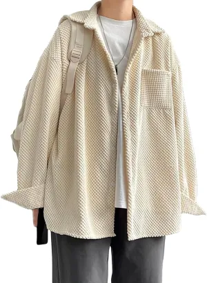 Men's Loose Fit Corduroy Jacket Male Long Sleeve Plush Button Corduroy Shirt Men Solid Color Ribbed Corduroy Coat