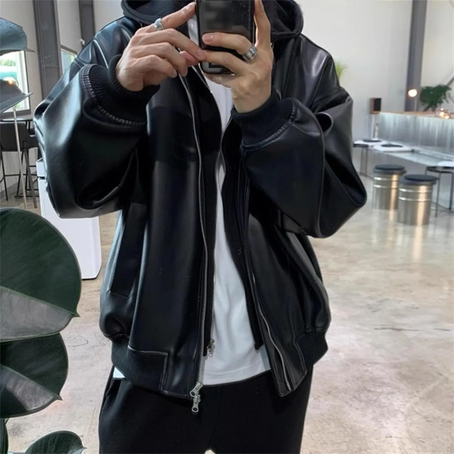 Mens Loose Hooded Leather Jacket Zip-Up Motorcycle Bomber PU Outercoat Trendy Hooded Motorbike Riding Jackets