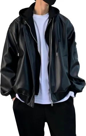 Mens Loose Hooded Leather Jacket Zip-Up Motorcycle Bomber PU Outercoat Trendy Hooded Motorbike Riding Jackets