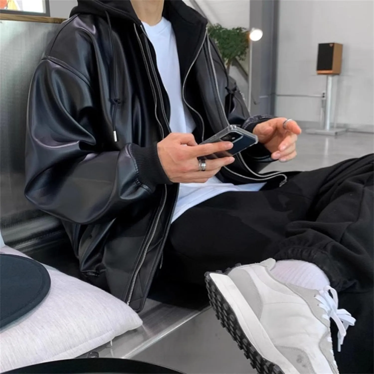 Mens Loose Hooded Leather Jacket Zip-Up Motorcycle Bomber PU Outercoat Trendy Hooded Motorbike Riding Jackets